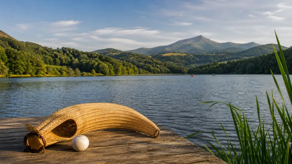 Xistera et pelote basque posés sur un ponton au bord du lac de Saint-Pée-sur-Nivelle