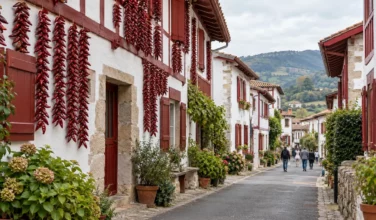 Rue du village d’Espelette bordée de maisons blanches aux volets rouges et de cordes de piments