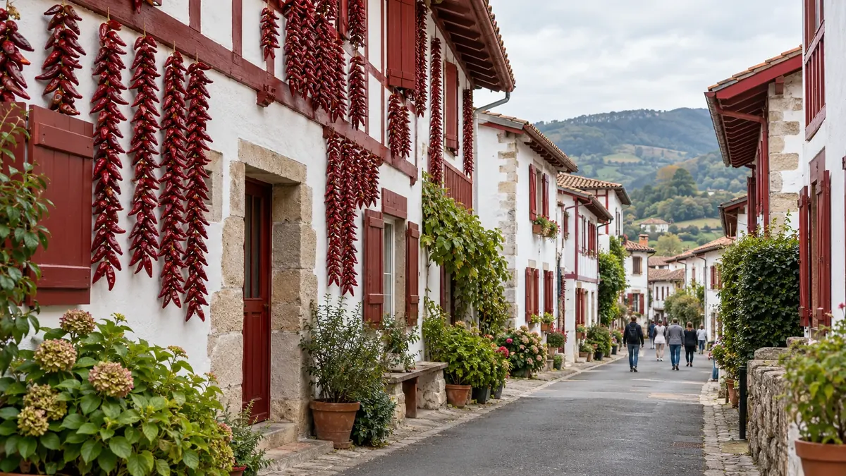 Rue du village d’Espelette bordée de maisons blanches aux volets rouges et de cordes de piments